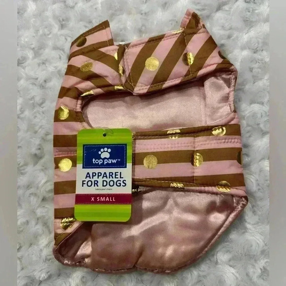 Top Paw Pink Gold Polka Dot Striped Dog Puffer Jacket XS - Picture 3 of 8